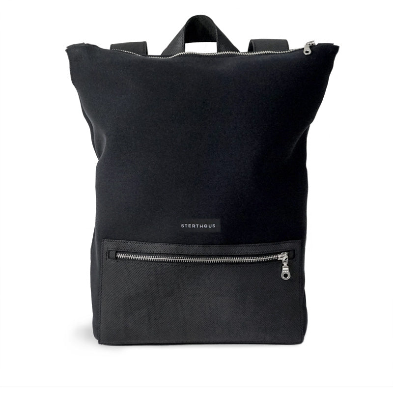 STERTHOUS - Black Neoprene Backpack with perforated leather and laptop pocket