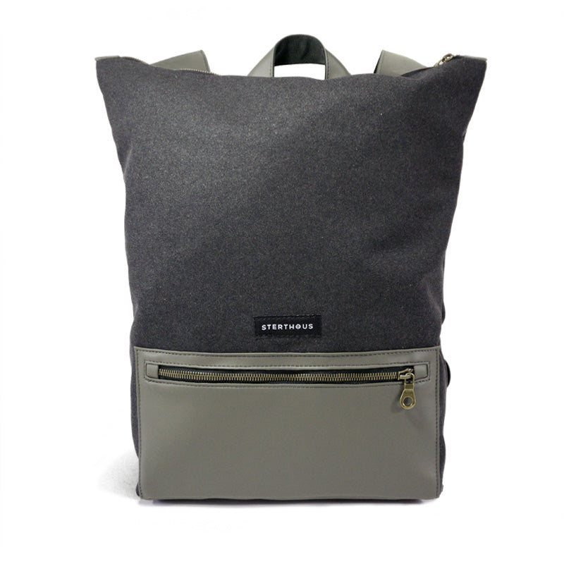 STERTHOUS - charcoal and sage green laptop backpack with vegan leather details  | sustainable product design