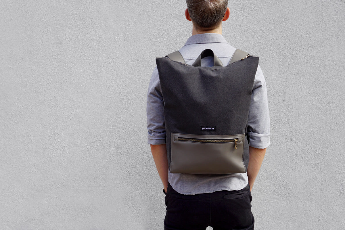 STERTHOUS - charcoal and sage green laptop backpack with vegan leather details