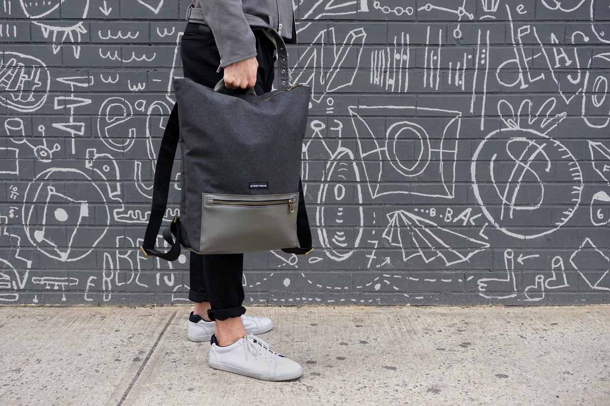 STERTHOUS - charcoal and sage green laptop backpack with vegan leather details | sustainable product design